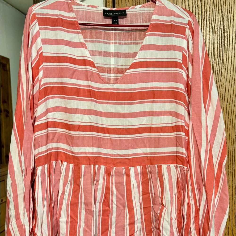 Lane Bryant Pink and White Striped Peplum Blouse